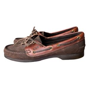 VTG Dexter USA Two Tone Leather Almond Moc Toe Boat Shoes Brown Women’s 9.5M